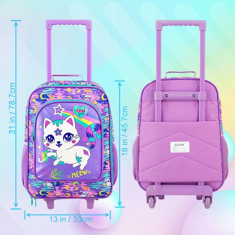FTJCF Store 2Pcs Kids Suitcase for Girls, 18" Cat Carry on Luggage Set with Wheels, Cute Travel Rolling with 12" Toddler Backpack(Purple) - Image 4